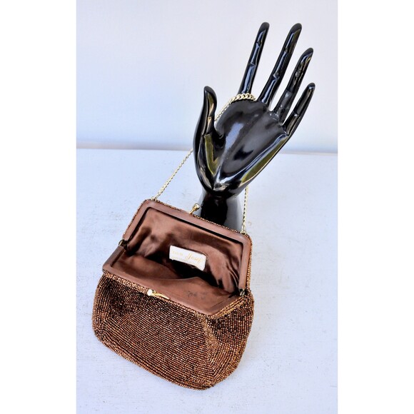 40s 50s BEADED Purse Clutch Small Hand Beaded Bag Mid Century Wedding Cocktail - Picture 4 of 9